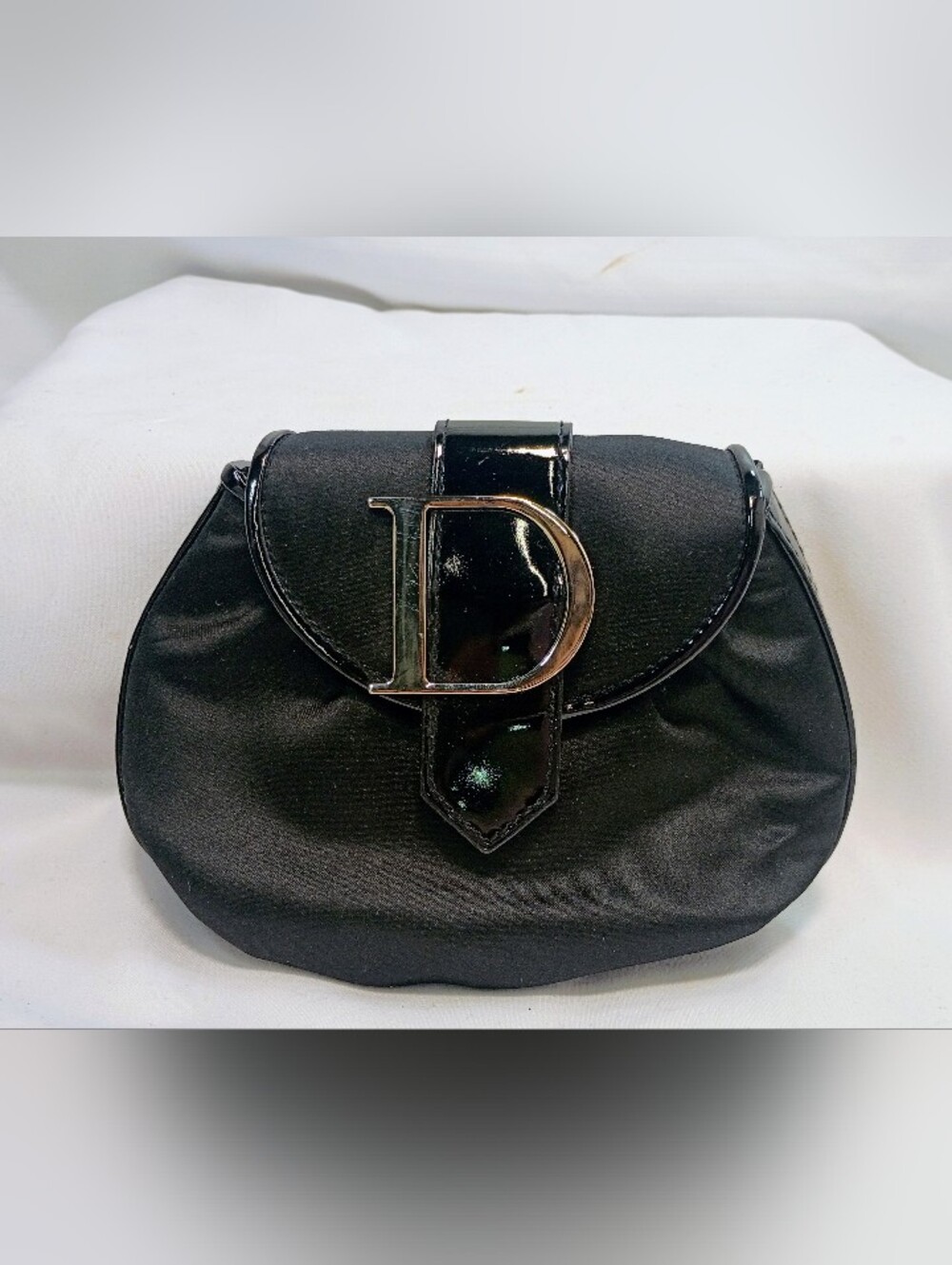 Christian Dior VTG Y2K Black Satin D-Charm Cosmetic Pouch Clutch Mini Bag NWOT